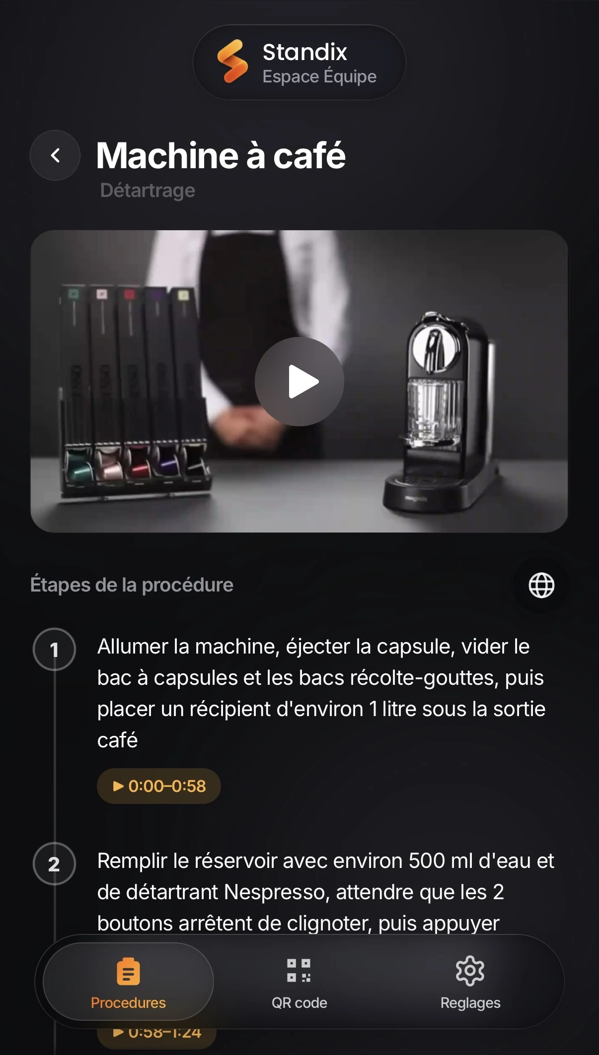Une procédure Standix ouverte, avec sa vidéo et ses étapes