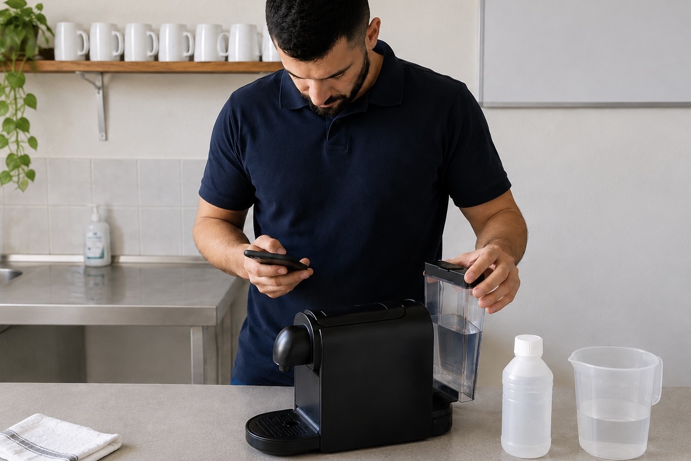 Un employé consulte la procédure sur son téléphone avant de détartrer la machine à café du local