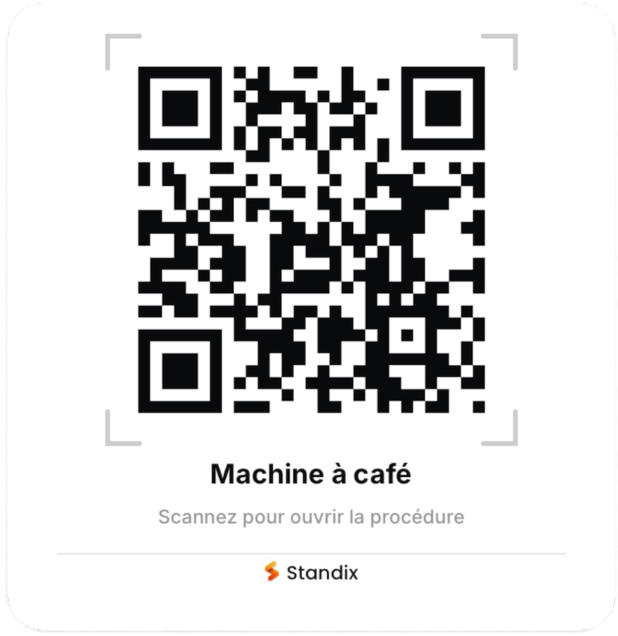 L'autocollant d'une procédure Standix : le QR code, le titre « Machine à café » et l'invitation à scanner